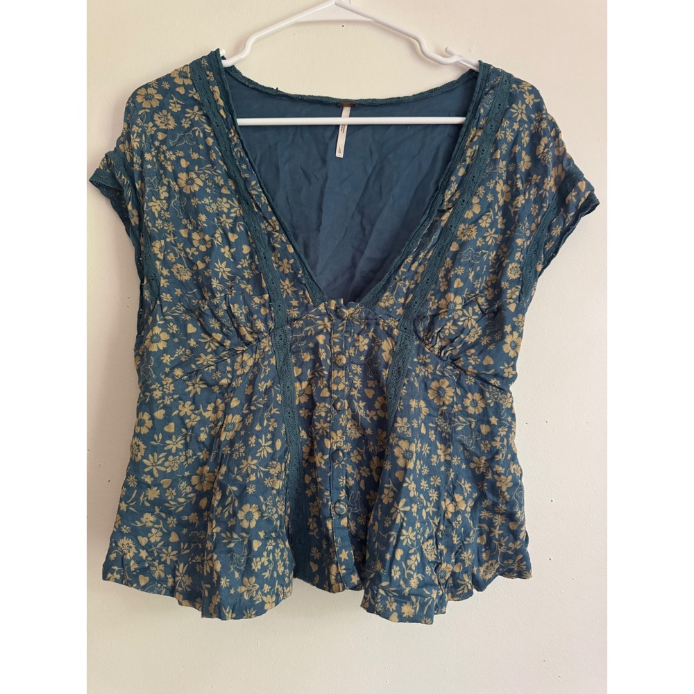 Free People Floral V-Neck Lace Trim Button Front Smocked Blouse Teal Blue Large